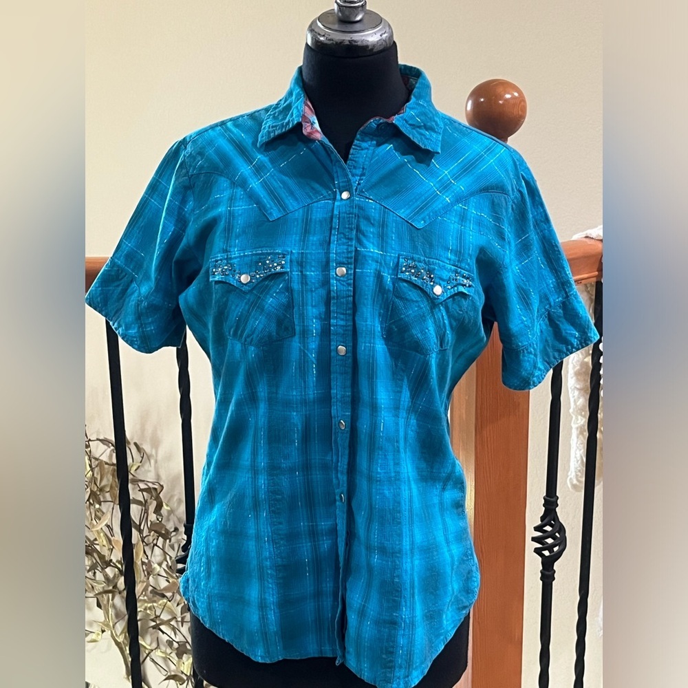 PANHANDLE SLIM Turquoise SHORT SLEEVE Plaid Snap-Front Western Shirt GIRL SIZE M